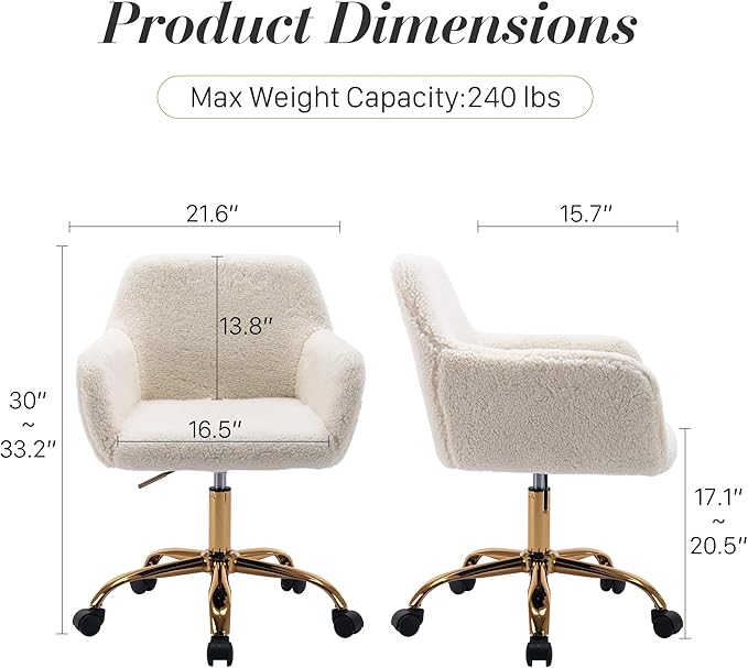 Faux Fur 360°Swivel Desk Chair, Modern Height Adjustable Home Office Armchair with Golden Base for Teens Women Girls, Upholstery Computer Chair for Home Studios, Sherpa & White