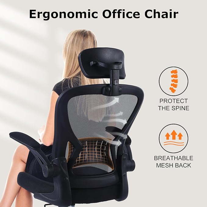 ralex-chair Ergonomic Office Chair with Adjustable Headrest & Lumbar Support, Computer Desk Chair with Flip-Up Armrests, Comfortable for Home, Office, Conference Room