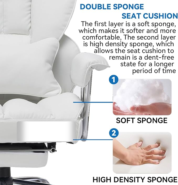 Efomao Big and Tall Office Chair 400lbs, Executive PU Leather Desk Chair with Footrest & Lumbar Support, Heavy Duty Computer Seating for Home, White
