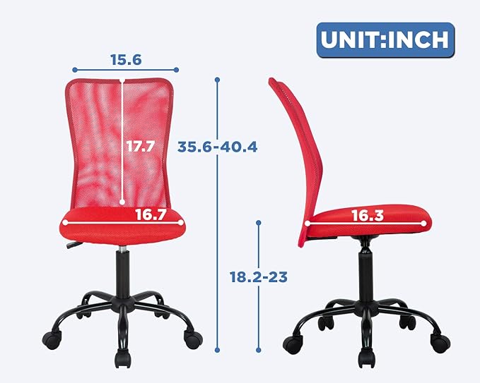 FDW Home Office Chair Mid Back Mesh Desk Chair Armless Computer Ergonomic Task Rolling Swivel Chair Back Support Adjustable Modern with Lumbar Support,Red