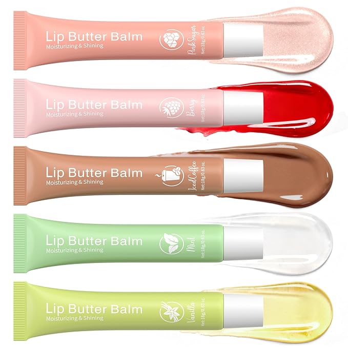 Glossy Lip Balm & Lip Gloss Set– Hydrating Lip Butter Balms For Smooth, Soft Lips – Nourishing, Long-Lasting Moisture – Vanilla, Coffee, Mint, Berry & Pink Sugar,Women's Day Gifts For Women