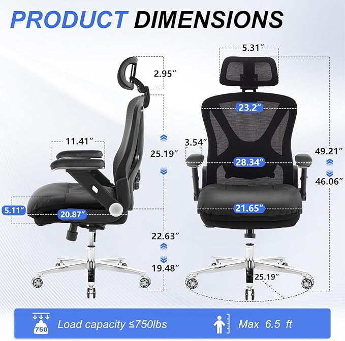 750lbs Ergonomic Office Chair,Upgrade Big and Tall Office Chairs for Heavy People,Mesh High Back Desk Chair with 5D Flip Arms Large Wheels,Adjustable Headrest & Lumbar Support,2 Pack