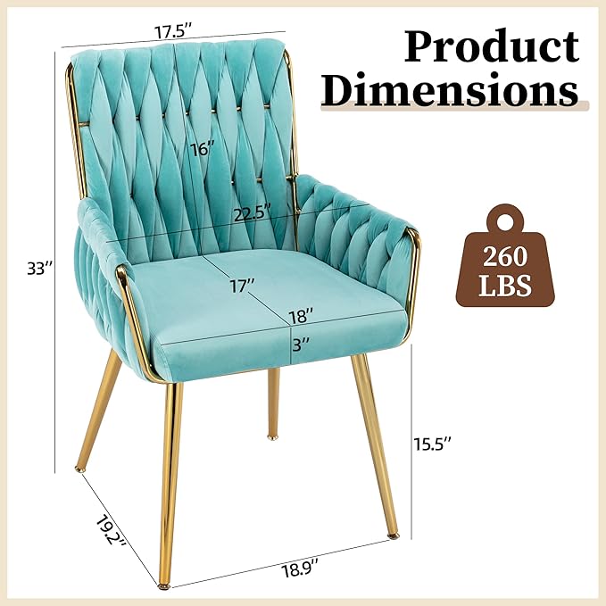 ABET Office Desk Chair No Wheels, Woven Velvet Vanity Chair with Back & Armrest, Comfy Upholstered Cute Gold Metal Legs Makeup Aesthetic Armchair for Girls & Women Bedroom, Nail Spa, Light Blue