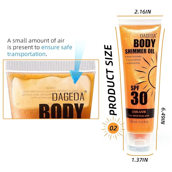 DAGEDA Body Glow Oil, SPF 30 Broad Spectrum Glitter Sunscreen, Lightweight, Non-sticky Sunscreen Body Shimmer, Sun Protection with Centella Asiatica Extract, UVA/UVB Protection, Gold 3.4 fl.oz