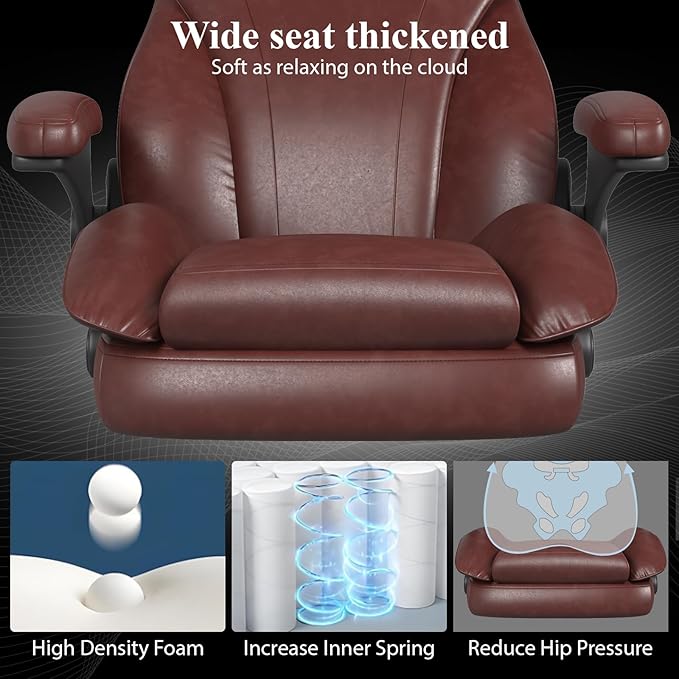 Office Desk Chair, Executive Leather Office Chair, High Back Ergonomic Home Desk Chair with Padded Flip-up Arms, Big and Tall Computer Chair with Rocking Function, 360°Swivel Free, Brown