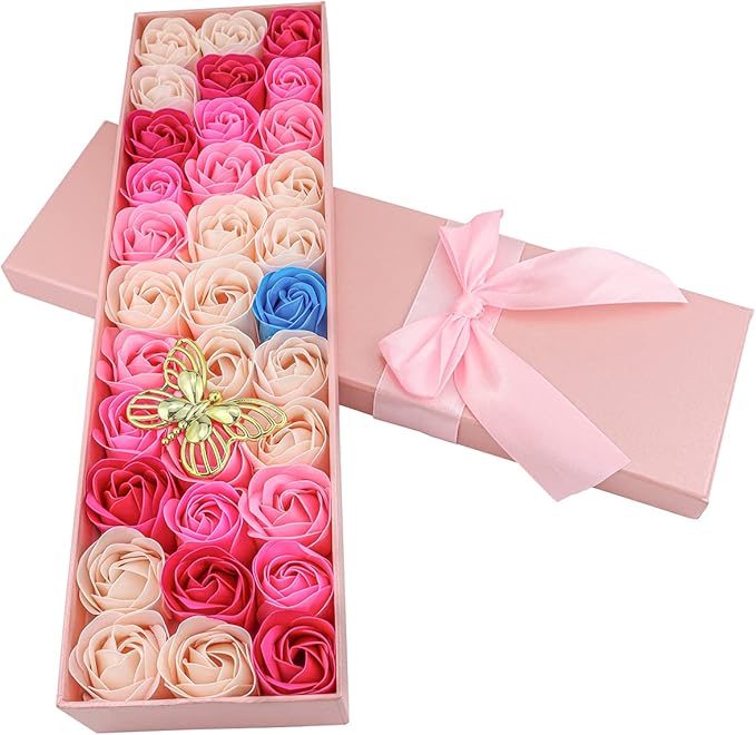 33 PCS Floral Scented Bath Soap Rose Flower Petals, JIALEEY Plant Essential Oil Rose Soap Set Gifts Ideas for Her Women Girls Mom Valentine's Day, Pink Gift Box