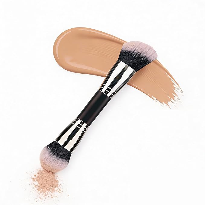 Dual-Ended Foundation Makeup Brush -Large 1 Inch Bristles Black Wooden Handle Aluminum Ferrule Foundation &Powder Brush Wet & Dry Use for Professional and Daily Full Coverage Flawless Finish