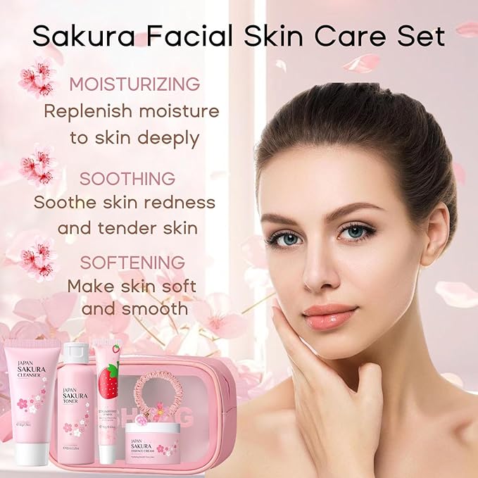 Cherry Blossom Skincare Set Women Gifts - Skin Care Set Hydrating - Skincare for Girls 10-12 Moisturizing - Travel Kit with Cleanser,Toner,Lip Mask,Cream(One Size, Cherry Blossom 6PCS Scent)