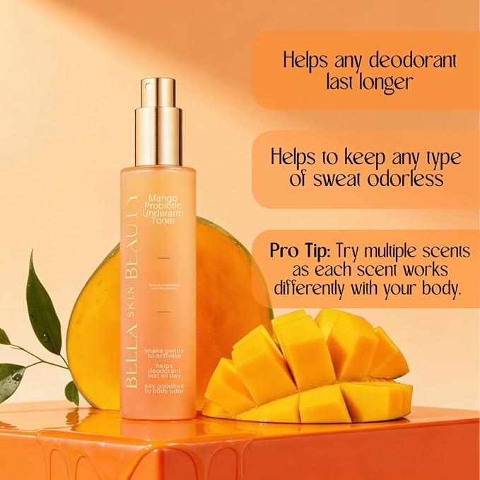 Bella Skin Beauty Deodorant Enhancer® Probiotic Underarm Toner - Mango - Patented Pre-Deodorant Spray That Helps Deodorants Last Longer and Helps Sweat Stay Odorless - Underarm Spray, Wipe, Apply