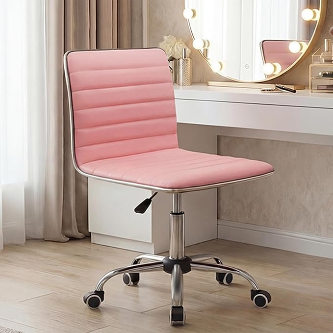 Furmax Vanity Office Desk Chair with Wheels, Armless Small Cute Leather Makeup Computer Task Chair Adjustable Height 360° Swivel (Pink)