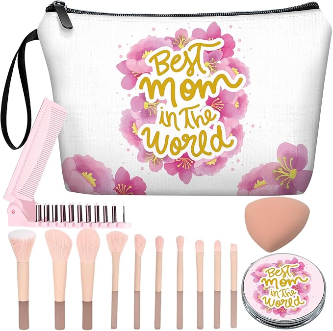 Personalized Best mom Makeup Bag set with Mirror for Women,Mama travel Cosmetic bag kit with10 pieces pink brush set, Mom Gifts From Daughter sons for Mother