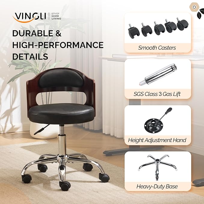 VINGLI Armless Home Office Desk Chair, Adjustable Swivel Chair,Dual-Use with/no Wheels,Small Retro Designed Walnut Curved Task Chair,Cushioned Nail Tech Chair for Study Area,Workspace,PU,Black