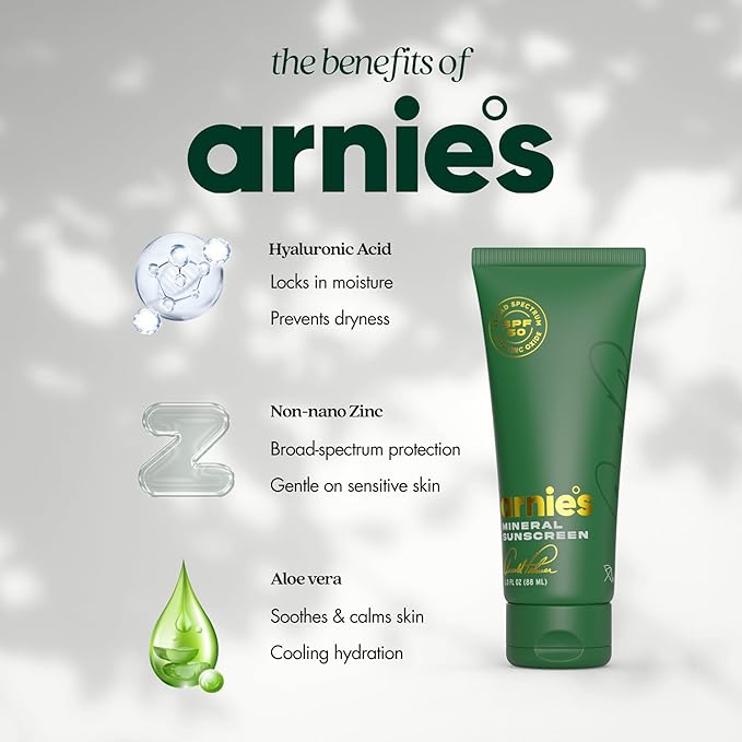 Arnie's Mineral Sunscreen SPF 50 by Arnold Palmer - Lightweight Tinted Formula, 100% Non-Nano Zinc Oxide, Ceramides + Aloe + Hyaluronic Acid, Reef-Safe Fragrance-Free, 3.0 Fl. Oz.