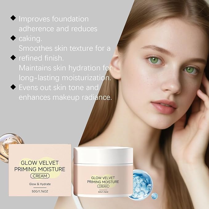 Glow Velvet Priming Moisture Cream - Pore Blurring Makeup Gripping Primer with Hydrating Glow Velvet Texture, All-Day Lock for Daily & Special Events, Korean Skin Care for All Skin Types (1PC)