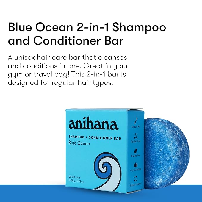 ANIHANA 2-in-1 Shampoo & Conditioner Bar Plastic-Free, Travel Friendly, Blue Ocean Scent for Regular Normal Hair, Clean, Purifying, Natural, Healthy Look and Shine, Paraben-Free, 2.29 oz