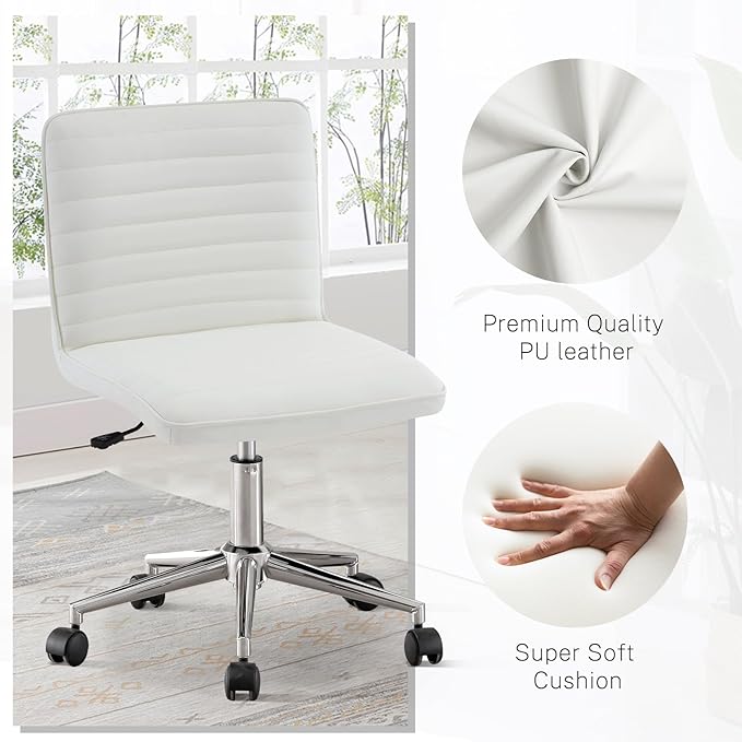 PU Leather Armless Office Chair - 360° Swivel Computer Desk Chair with Adjustable Height & Comfy Chrome Legs, Ivory White - Perfect for Home Office, Bedroom, Living Room & Vanity, Ivory White
