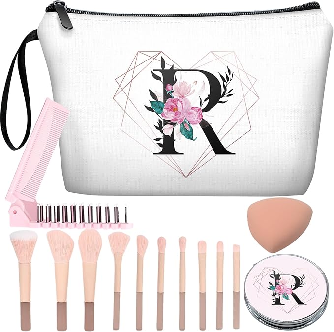 Personalized Initial R floral Makeup Bag set with Mirror for Women,White Ietter R Bride Bridesmaid travel Cosmetic bag kit with10 pieces pink brush set,Initial Gifts for Girls Mom femal Friends