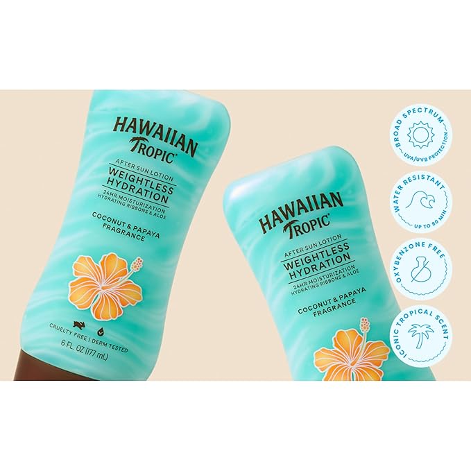 Hawaiian Tropic Weightless Hydration After Sun Lotion with Aloe, 6Fl Oz Twin Pack, Hawaiian Tropic Lotion, Moisturizing Lotion, After Sun Care, After Sun Moisturizer, 6Fl Oz each