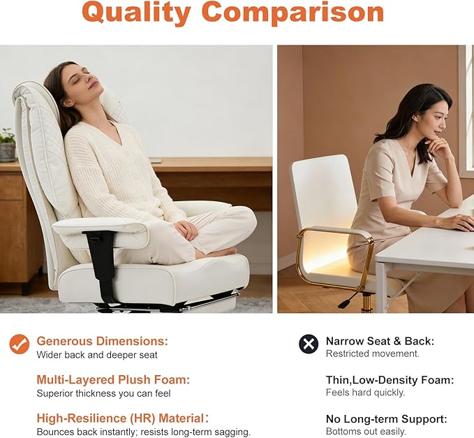Big and Tall Office Chair 400lbs Wide Seat, Leather High Back Executive Office Chairs with Foot Rest, Ergonomic Lumbar Support for Lower Back Pain Relief (White)