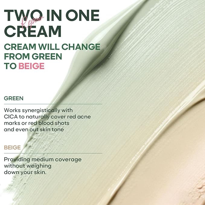 Green Color Corrector CC Cream with Centella Asiatica, Soothing Color Correcting Treatment for Face Rednes and Sensitive, BB Cream &Tinted Moisturizer Blurs Skin, Natural, Luminous Finish