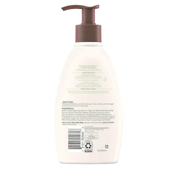 Aveeno Positively Radiant Brightening Facial Cleanser for Sensitive Skin,Targets Dull Skin,Moisture Rich Soy Extract,Non-Comedogenic,Oil- & Soap-Free,Hypoallergenic,11 Fl. Oz,(Pack of 2)