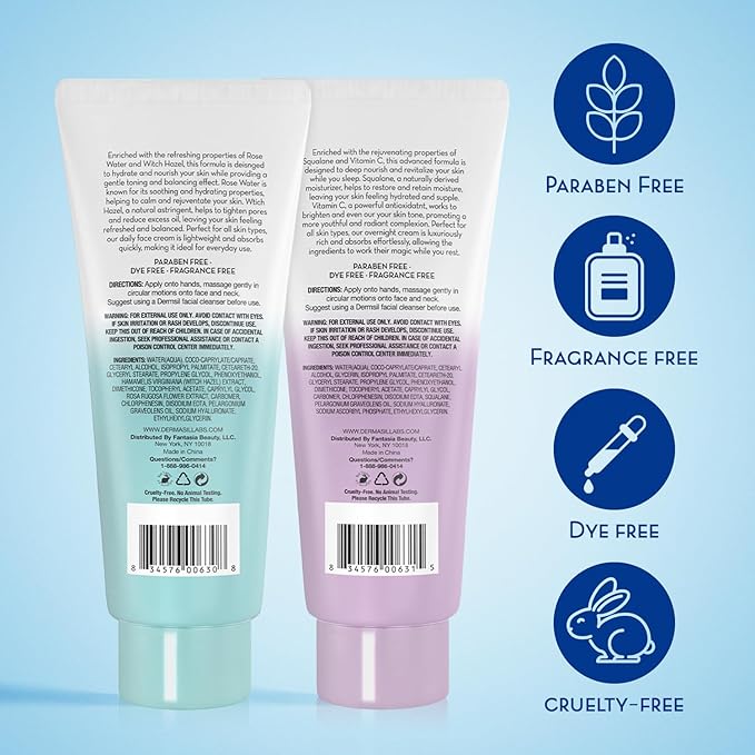 Dermasil Face Moisturizer Variety 2-Pack – Daily Face Cream with Witch Hazel and Rose Water + Night Cream with Vitamin C and Squalane, 2 Oz Ea