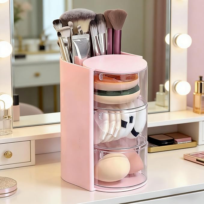 3-Layer Rotating Makeup & Jewelry Organizer with Hair Brush Holder, Vanity Organizer for Earrings, Necklaces, Rings, Bracelets, Hair Clips and Makeup Brushes (Pink)