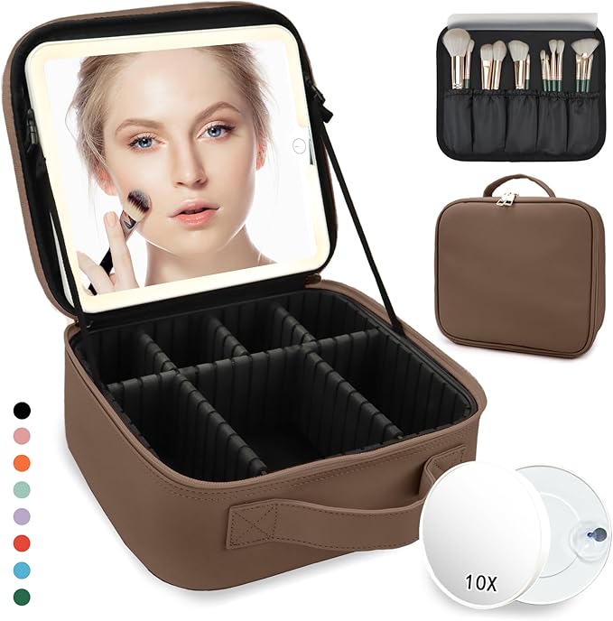 Makeup Bag with Mirror,with Mirror 3 Color Setting and Detachable 10x Magnifying Mirror Large Vanity Makeup Cases,Portable Storage and Adjustable Dividers, for Women and Makeup Artists-Mocha