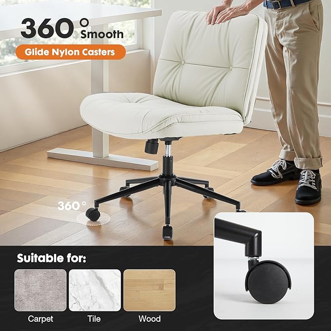 Sweetcrispy Criss Cross Chair with Wheels, Wide Seat PU Leather Armless Office Desk Vanity Chair, Comfortable Adjustable Swivel Computer Task Chairs for Bedroom, Small Space Make Up, Light Beige