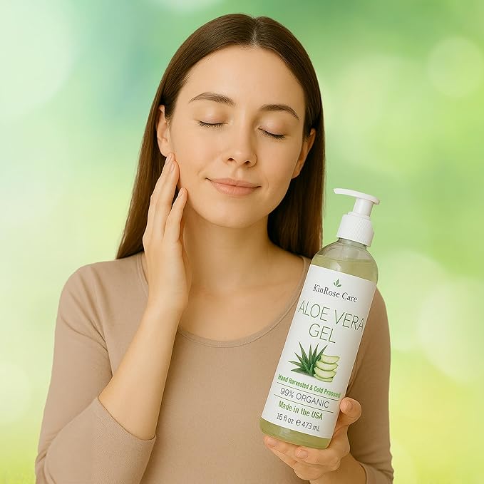 16oz Organic Aloe Vera Gel for Face, Skin, Hair & Sunburn Relief - From 100 Percent Pure Aloe Vera - Cold Pressed, Vegan, Unscented - Made in USA.