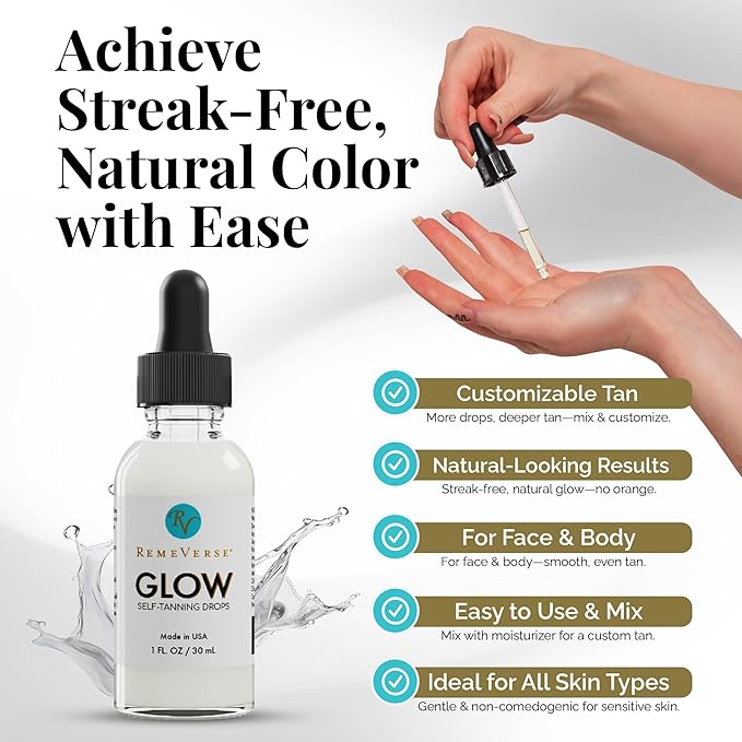 RemeVerse Glow Self-Tanning Drops - Sunless Tanner for a Sun-Kissed Glow - Achieve Natural-Looking Even Skin Tone, Control Results with Moisturizer for Face & Body - Ideal for All Skin Types - 1 oz
