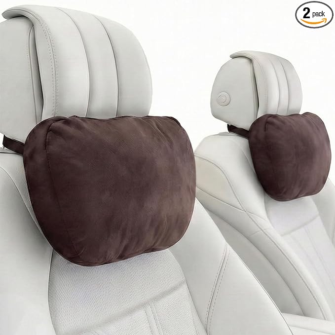 2PCS Car Pillow for Car Neck Pillow for Driving Seat Leather Neck Support Soft Cushion Back Support Head-Rests for Vehicle Sleeping with Elastic Adjustment Strap (Coffee, Head)