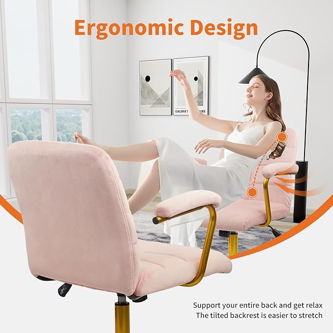 CLATINA Velvet Office Desk Chair with Armrests and Wheels, Modern Upholstered Vanity Chairs with Gold Base, Height Adjustabe Swivel Home Task Chair for Bedroom, Study, Living Room, Work, Pink