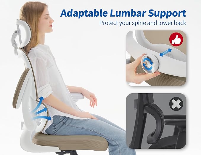 TRALT Ergonomic Office Chair - Desk Chair with Adjustable Headrest Lumbar Support Computer Chair - Mesh Comfy Chair with Flip-up Armrests - Gaming Chairs for Adults Home Office (PU Leather,Khaki)