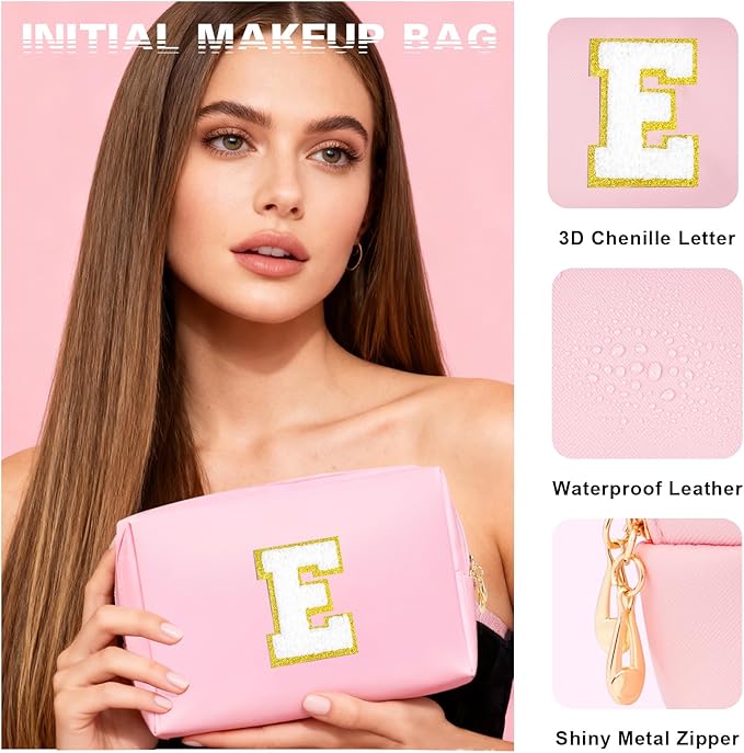Initial Makeup Bag - Birthday Gifts for Girls 4 5 6 7 8 9 10 11 12 Year Old Teen Girls, Personalized Teen Girl Gifts - Preppy Cosmetic Bags Cute claw clips for Kids Women (Pink E)