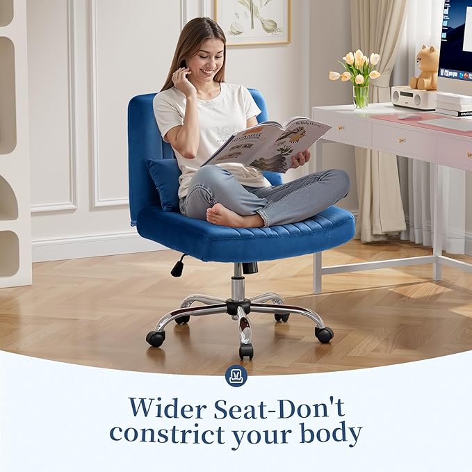 Warmiehomy Velvet Criss Cross Chair with Wheels, Cross Legged Office Chair, Comfy Desk Chair for Home Office, Ergonomic Computer Chair, Wide Seat Vanity Chair, for Adults, Dark Blue