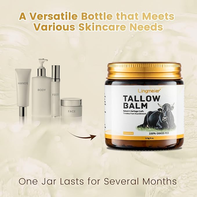 Whipped Beef Tallow and Honey Balm for Skin - Organic Grass Fed Beef Tallow for Face & Body - Natural Unscented Tallow Face Moisturizer for Sensitive Skin, Eczema & Dryness Relief (4 oz)