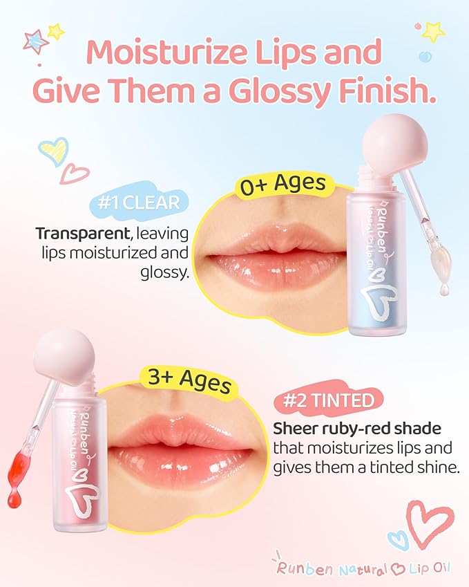 RUNBEN Baby Hydration Lip Oil, 48H Lasting Moisturizing, Clean & Non-toxic, Kids Chapped Lips Care, Fragrance Free（Clear)