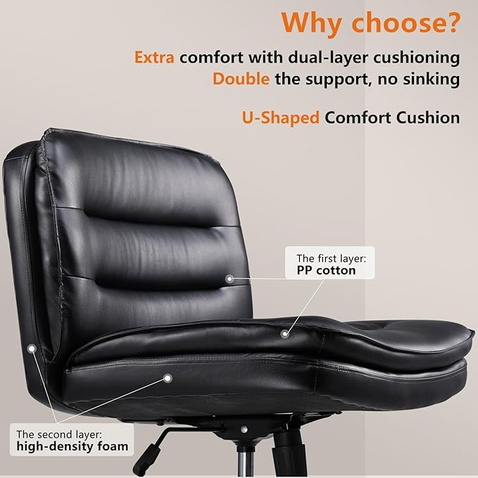COMHOMA Criss Cross Chair with Wheels Armless Cross Legged Office Chair Wide Home Office Desk Chair Swivel Comfy Vanity Desk Chair Height Adjustable Mid Back Wide Seat Computer Task Chair
