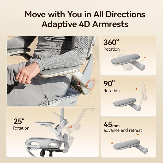 SIHOO B100 PRO Ergonomic Office Chair with Footrest, Mesh Office Chair with Adaptive Lumbar Support, Computer Chair with Wide Headrest, Desk Chair with 360° Rotatable Flip-Up Armrests, Light Grey