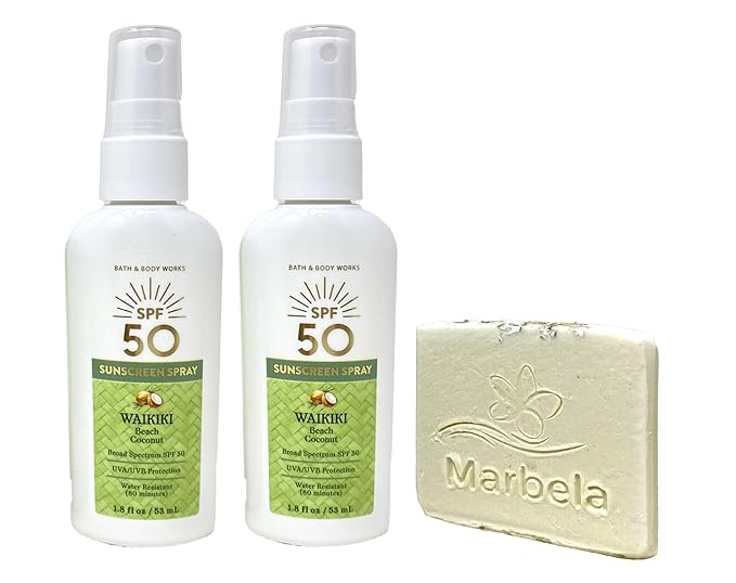 Bath & Body Works Waikiki Beach Coconut SPF 50 Sunscreen Spray 2 Pack Travel Size with a Natural Oats Sample Soap