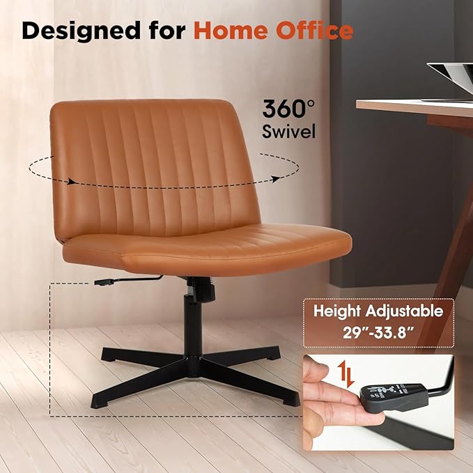 PayLessHere | Criss Cross Chair | Brown | Wide, Armless Desk Chair Without Wheels | 360 Swivel, Height Adjustable & Stable Metal Base | for Office, Home Office, Vanity Seating