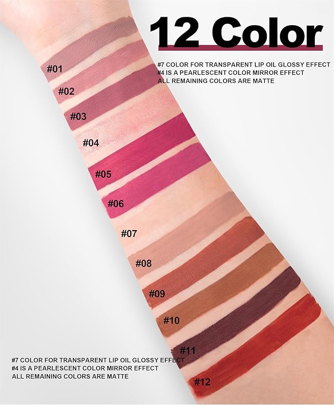 12Pcs Nude Matte Liquid Lipstick Set, Waterproof Long Lasting Non-Stick Cup 12 Colors Nude Lipstick 24 Hour Not Fade Matte Lipstick Professional Lip Gloss Makeup Valentine's Day Gift Sets for Women