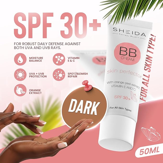 Sheida BB Cream with SPF 30+, Hydrating Daily Tinted Day Cream, Natural Finish, Buildable Light Coverage, 24h Moisture, Vitamin C & E for Even Skin Tone and Radiant Look – 50 ml (Dark)