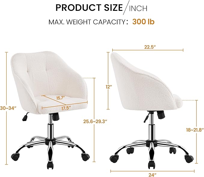Yaheetech Boucle Desk Vanity Chair with Back Comfy Fluffy Swivel Office Chair with Wheels Adjustable Height Tilt Angle for Bedroom Ivory