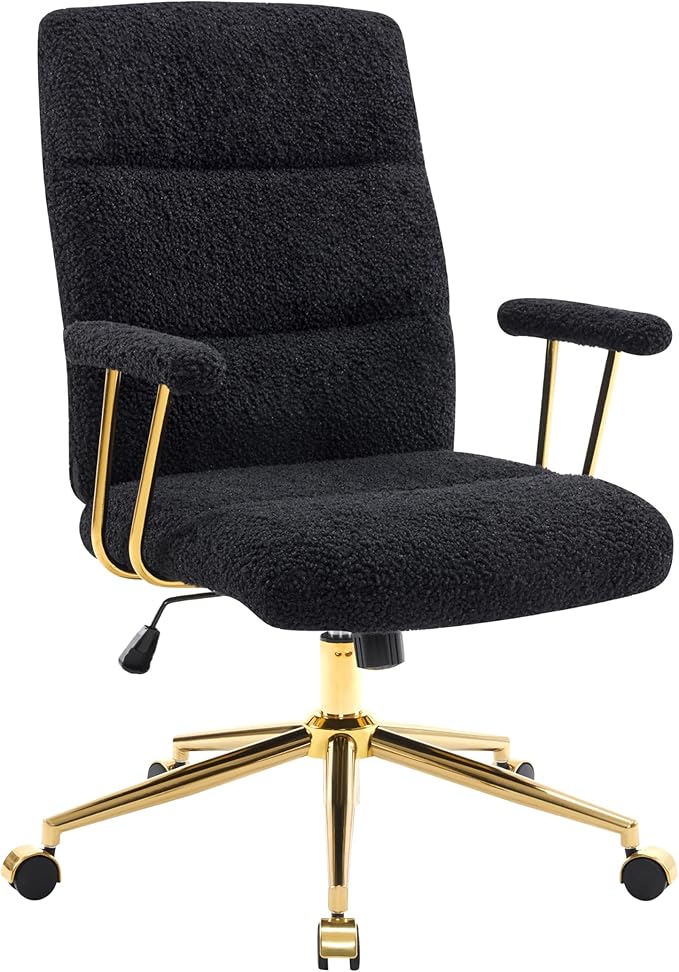 Elegant Black and Gold Office Chair with Textured Boucle Fabric, Modern Desk Chair with Padded Seat, Height Adjustable with Durable Gold Base