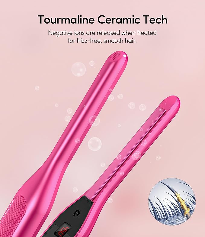 Terviiix Mini Flat Iron and Hair Straightener for Short Hair, Edges, and Pixie Cut - 3/10 Inch Skinny Pencil Straightener for Black Women's Baby Hair, LCD Digital Display, Dual Voltage, Pink