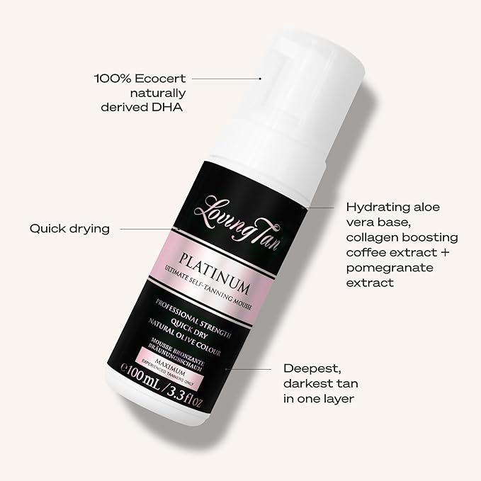 Loving Tan Platinum Self Tanning Mousse, Dark -Streak Free, Natural Looking, Professional Quality Self Tanner -5+ Self Tan Applications per Bottle, Naturally Derived DHA- 3.3 Fl Oz -Packaging May Vary