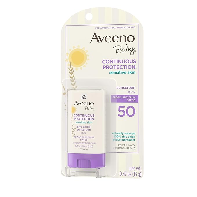 Aveeno Baby Continuous Protection Mineral Sunscreen Stick for Sensitive Skin with Broad Spectrum SPF 50 Protection for Face & Body, Naturally Sourced 100% Zinc Oxide, Travel Size, 0.47 oz