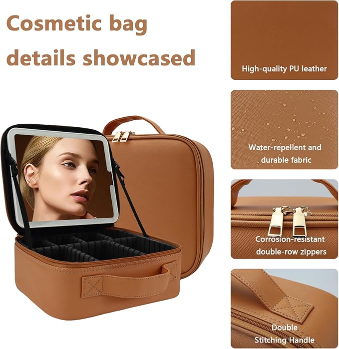 Makeup Bag with Led Mirror,Large Vanity Makeup Cases with 3 Color Setting,Portable Storage and Adjustable Dividers,for Women and Makeup Artists Cosmetic Organizer Travel Makeup Bag-Caramel